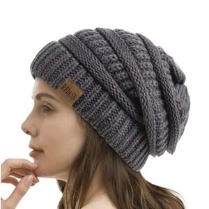 Unisex Slouchy Chunky Soft Warm Fleece Lined‎ Beanie Hat Cap Gray OS Outdoor